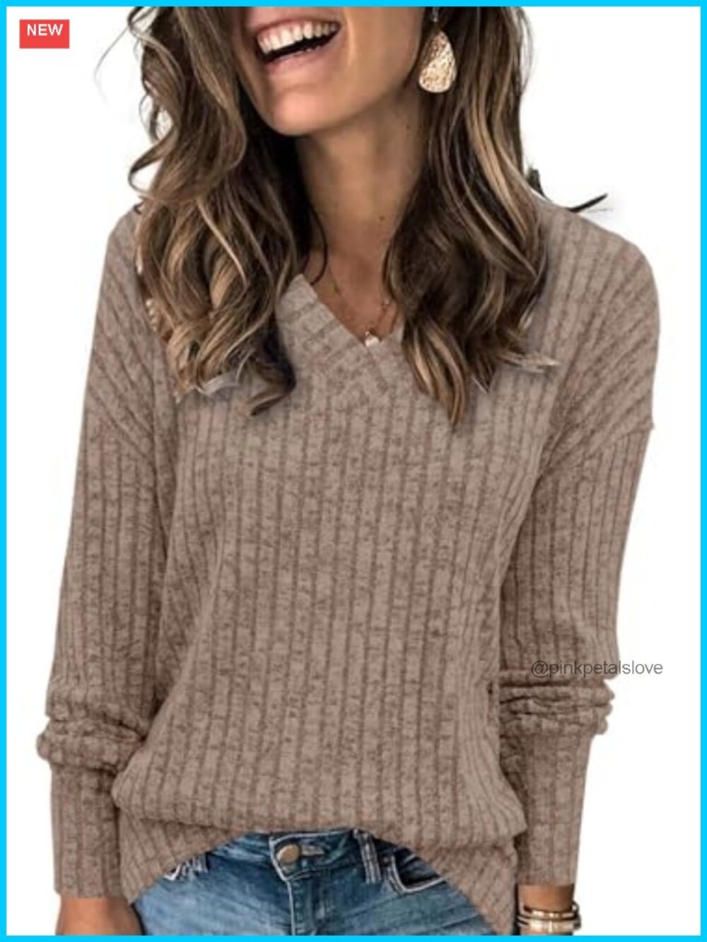 Womens V Neck Long Sleeve Tunic Top Loose Casual Drop Shoulder Split
